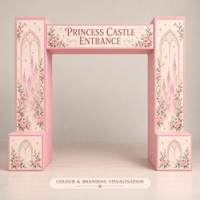 Colour and branding visualisation of the paintable entrance castle in a pink princess theme