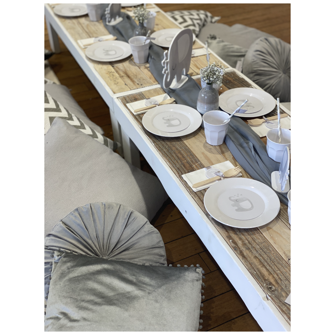 BESPOKE LOW WOODEN TABLE WITH WHITE EDGE
