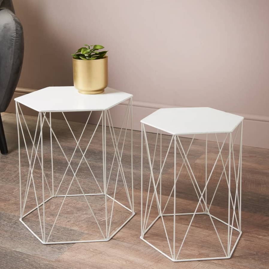 SET OF 2 WHITE HEXAGON TABLES