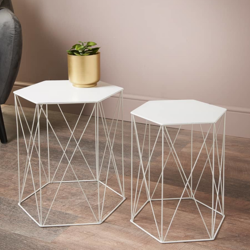 SET OF 2 WHITE HEXAGON TABLES