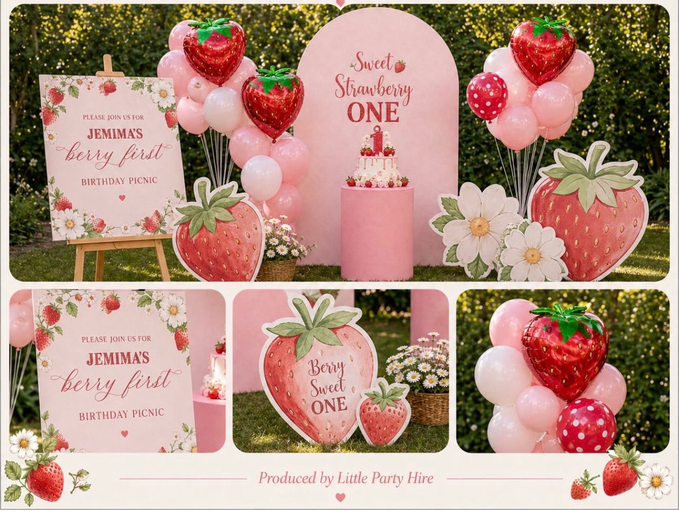 Strawberry first birthday backdrop, balloons, signage and props by Little Party Hire