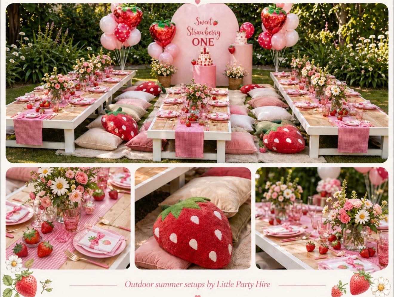 Strawberry outdoor picnic inspiration by Little Party Hire