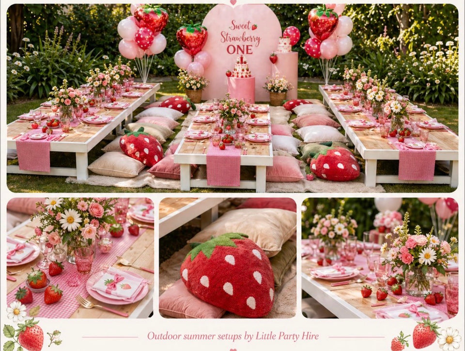 Strawberry outdoor picnic inspiration by Little Party Hire